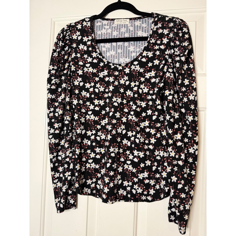 Full Circle Trends Women's Medium Black Floral Puff Sleeve Long Sleeve Top